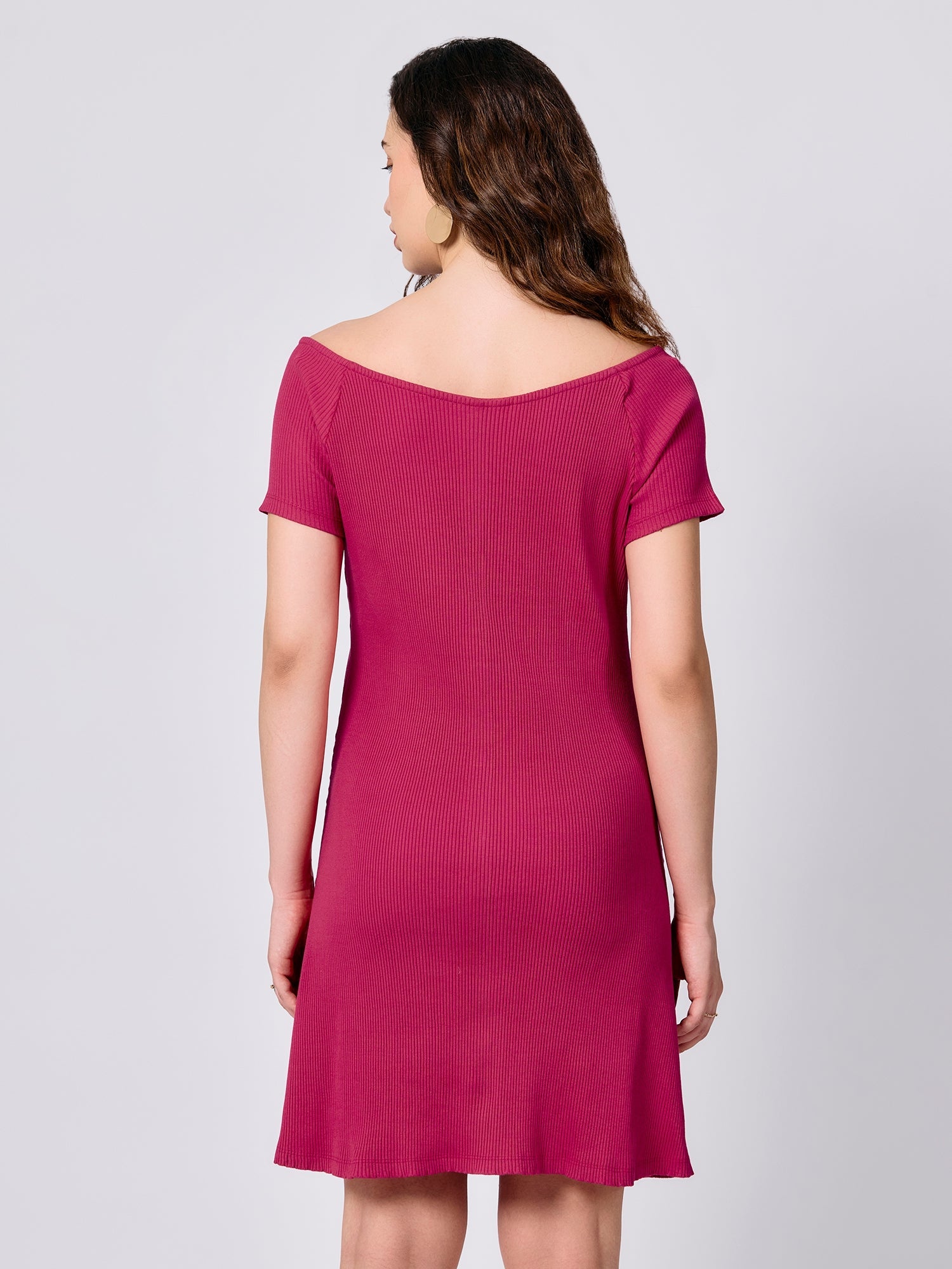 Women's Pink Off-Shoulder Button Down Ribbed Dress