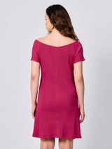 Women's Pink Off-Shoulder Button Down Ribbed Dress