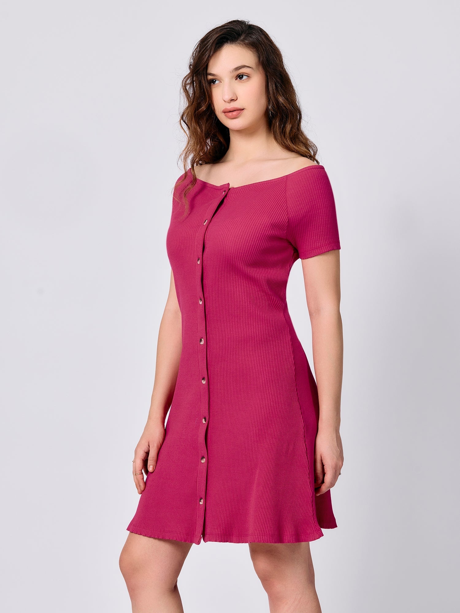 Women's Pink Off-Shoulder Button Down Ribbed Dress