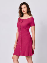 Women's Pink Off-Shoulder Button Down Ribbed Dress