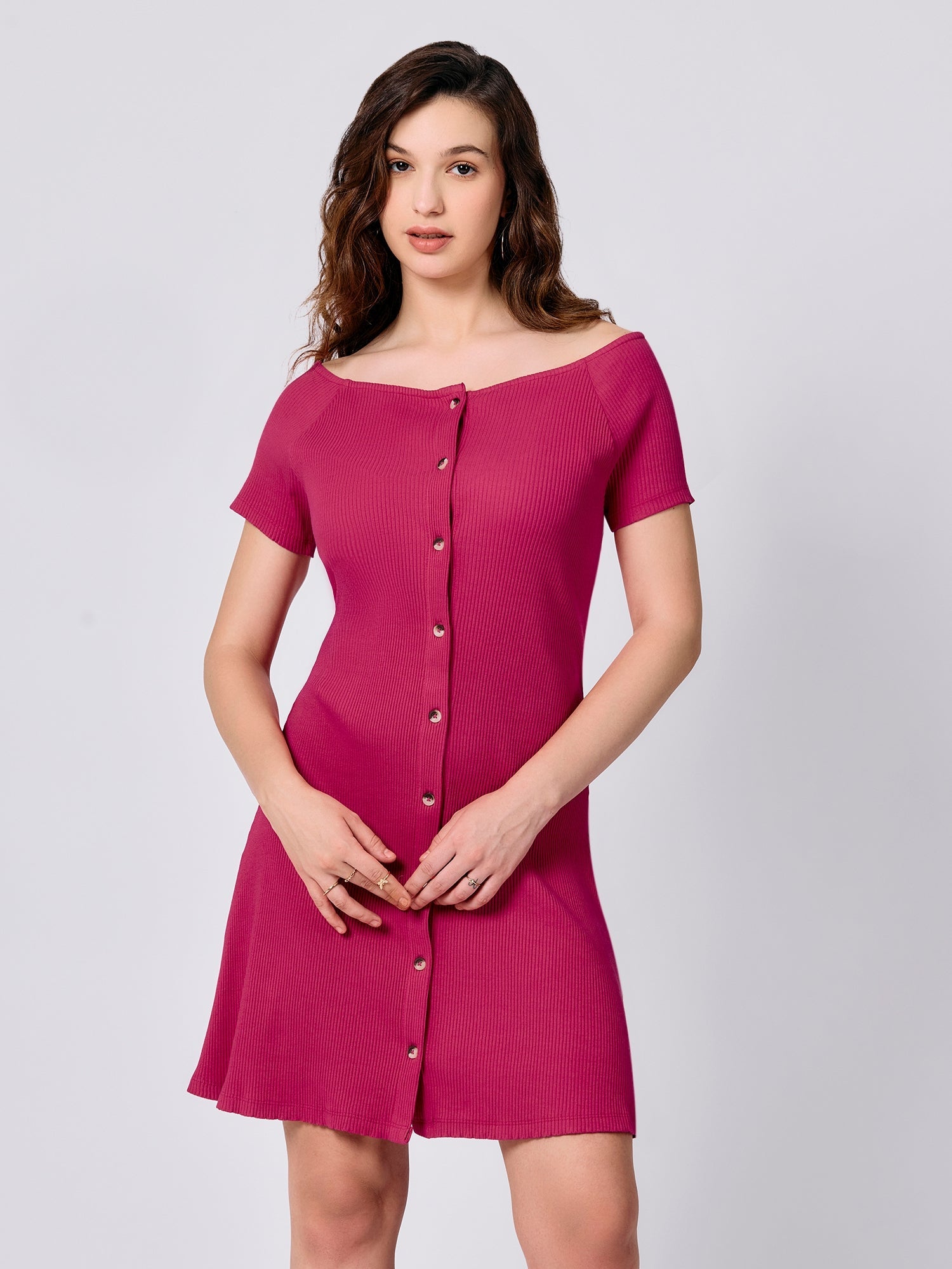Women's Pink Off-Shoulder Button Down Ribbed Dress