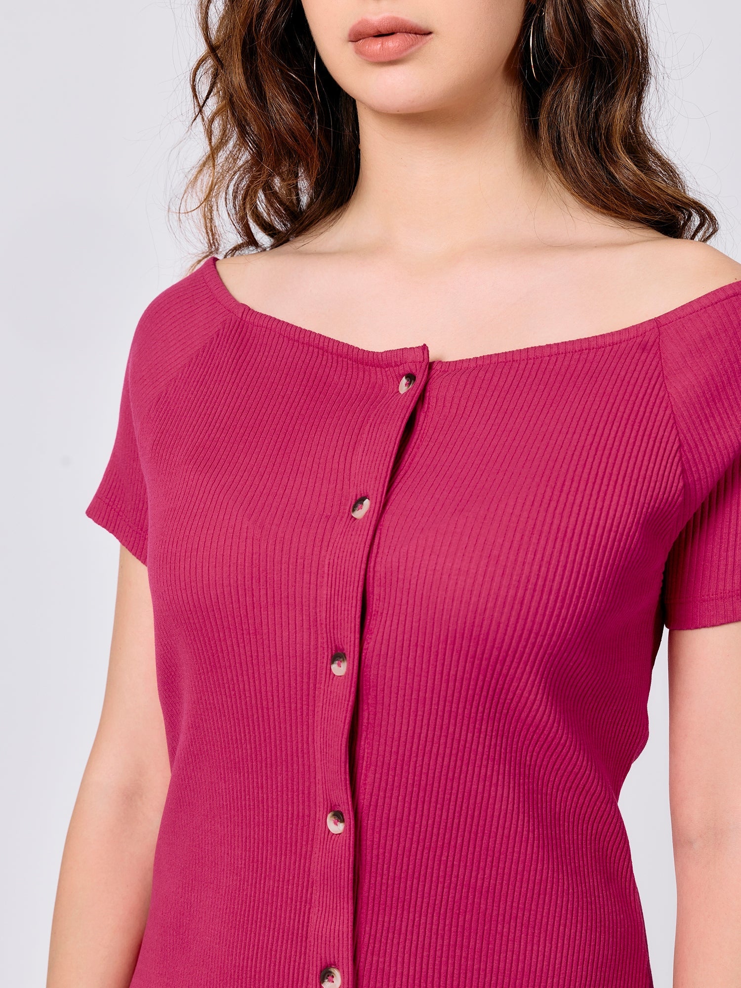 Women's Pink Off-Shoulder Button Down Ribbed Dress