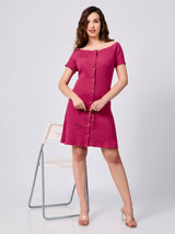 Women's Pink Off-Shoulder Button Down Ribbed Dress