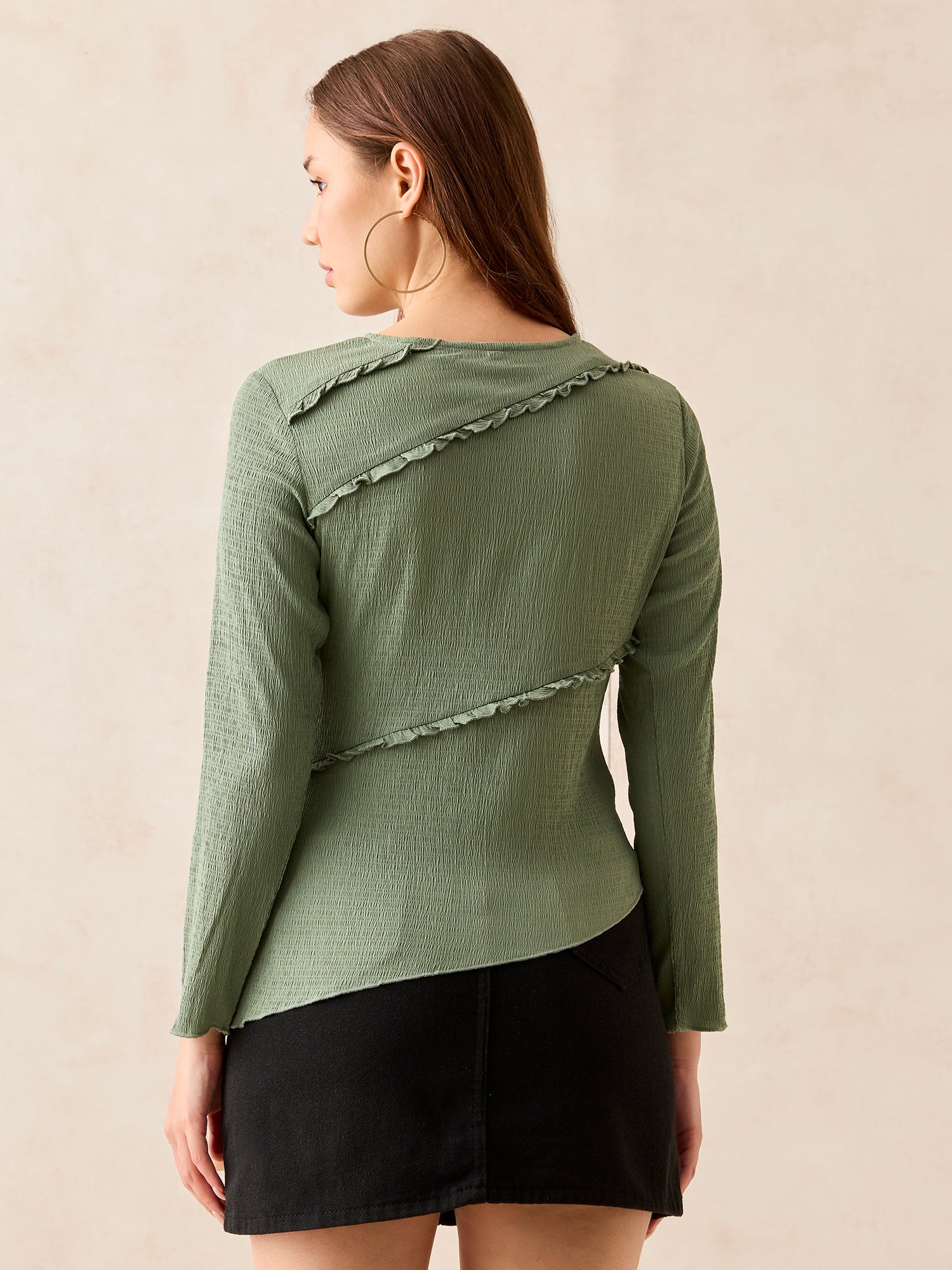 Women's Green Textured Assymetric Hem Knit Top
