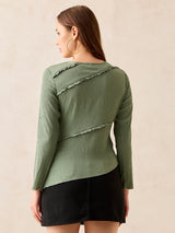 Women's Green Textured Assymetric Hem Knit Top