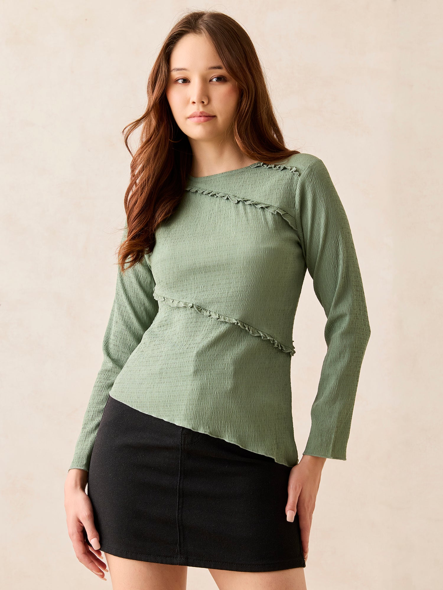 Women's Green Textured Assymetric Hem Knit Top