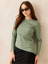 Women's Green Textured Assymetric Hem Knit Top