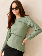 Women's Green Textured Assymetric Hem Knit Top