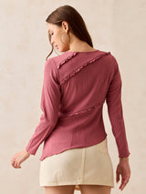 Women's Pink Textured Assymetric Hem Knit Top