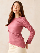 Women's Pink Textured Assymetric Hem Knit Top