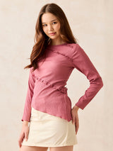 Women's Pink Textured Assymetric Hem Knit Top