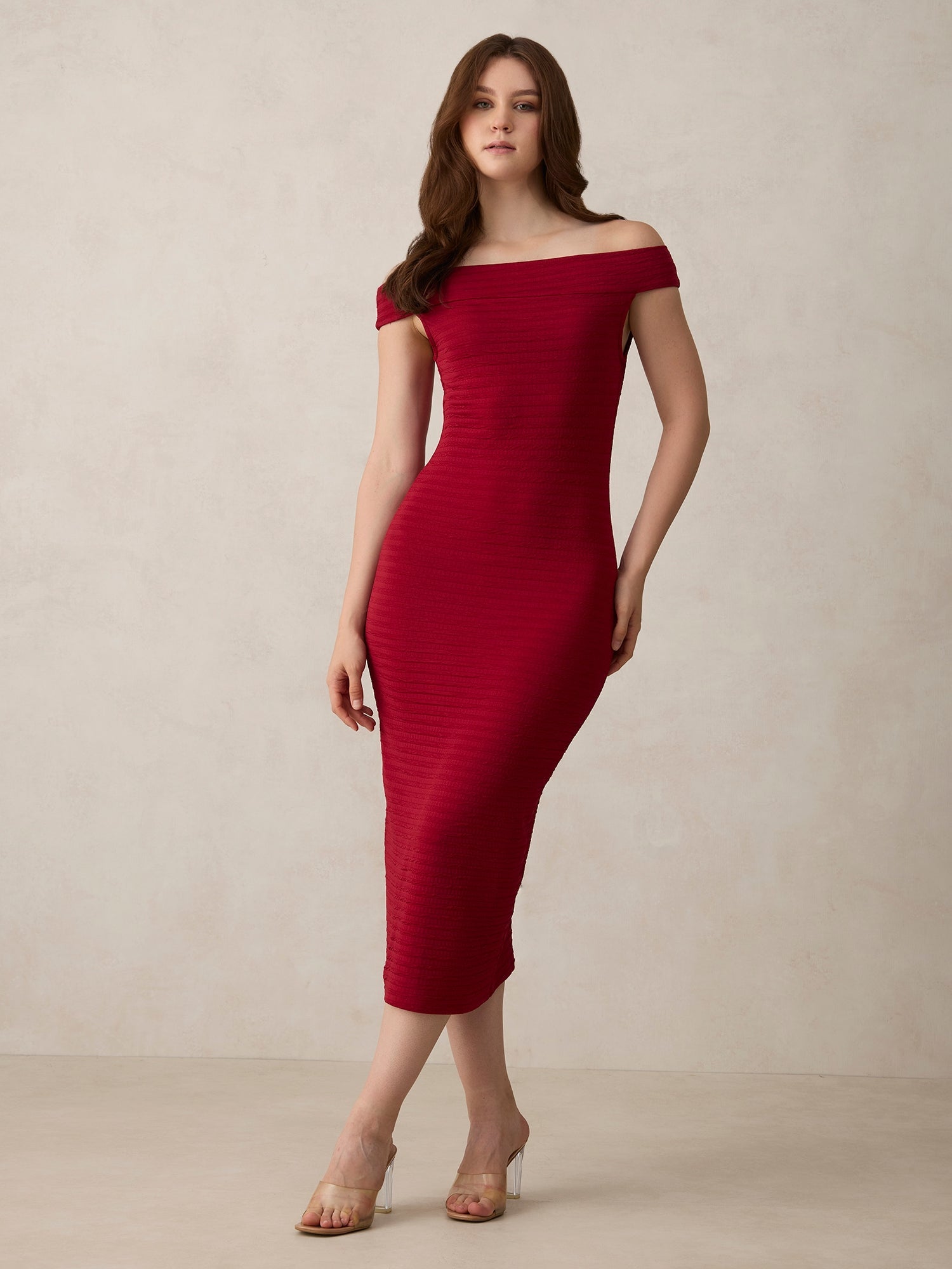 Women's Maroon Off Shoulder Textured Knit Dress