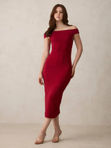 Women's Maroon Off Shoulder Textured Knit Dress