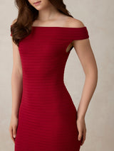 Women's Maroon Off Shoulder Textured Knit Dress