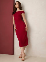 Women's Maroon Off Shoulder Textured Knit Dress