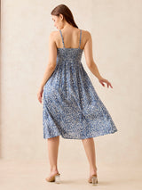 Women's Blue Floral Print Strappy Midi Dress