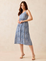 Women's Blue Floral Print Strappy Midi Dress