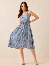 Women's Blue Floral Print Strappy Midi Dress