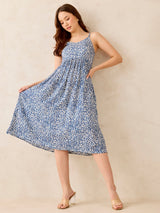 Women's Blue Floral Print Strappy Midi Dress