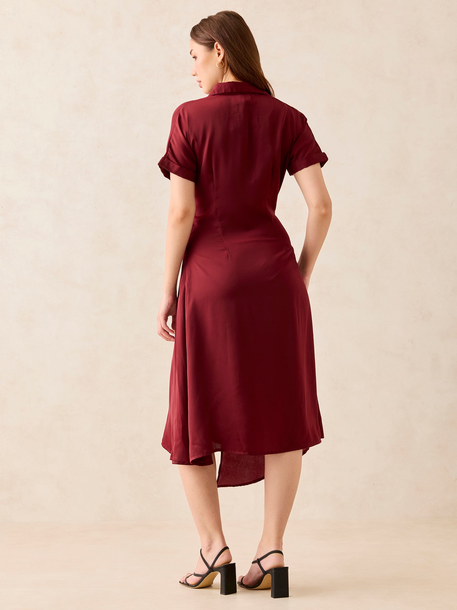Women's Maroon Midi Tie Up Detail Shirt Dress