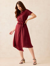 Women's Maroon Midi Tie Up Detail Shirt Dress