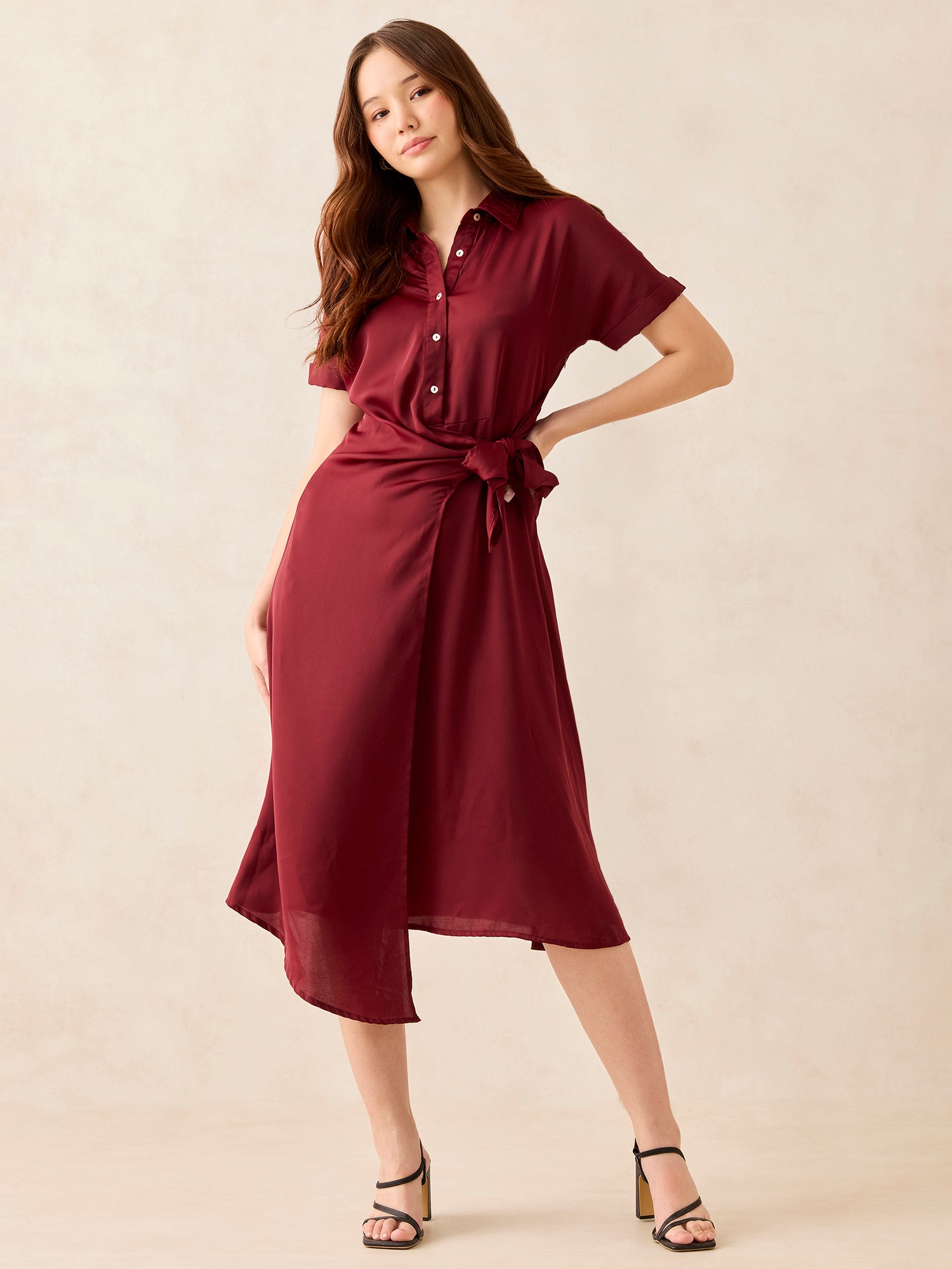 Women's Maroon Midi Tie Up Detail Shirt Dress