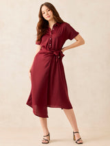Women's Maroon Midi Tie Up Detail Shirt Dress