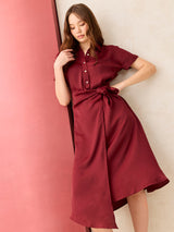Women's Maroon Midi Tie Up Detail Shirt Dress