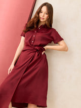 Women's Maroon Midi Tie Up Detail Shirt Dress