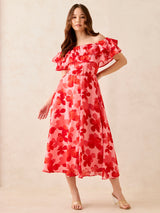 Women's Red Off Shoulder Midi Dress