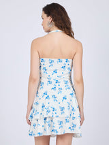 Women's White Floral Print Halter Neck Dress