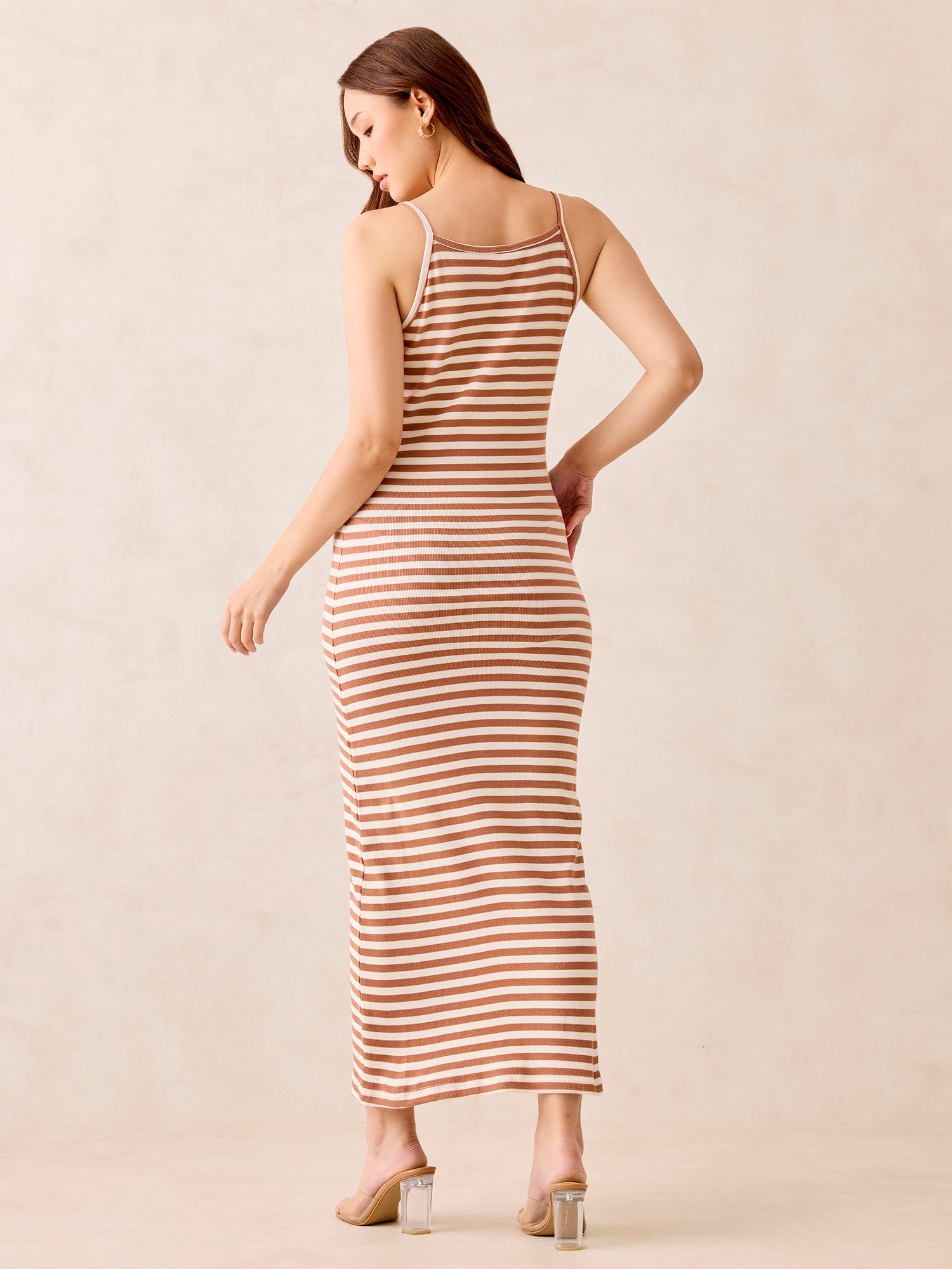 Women's Brown Rib Stripe Maxi Dress