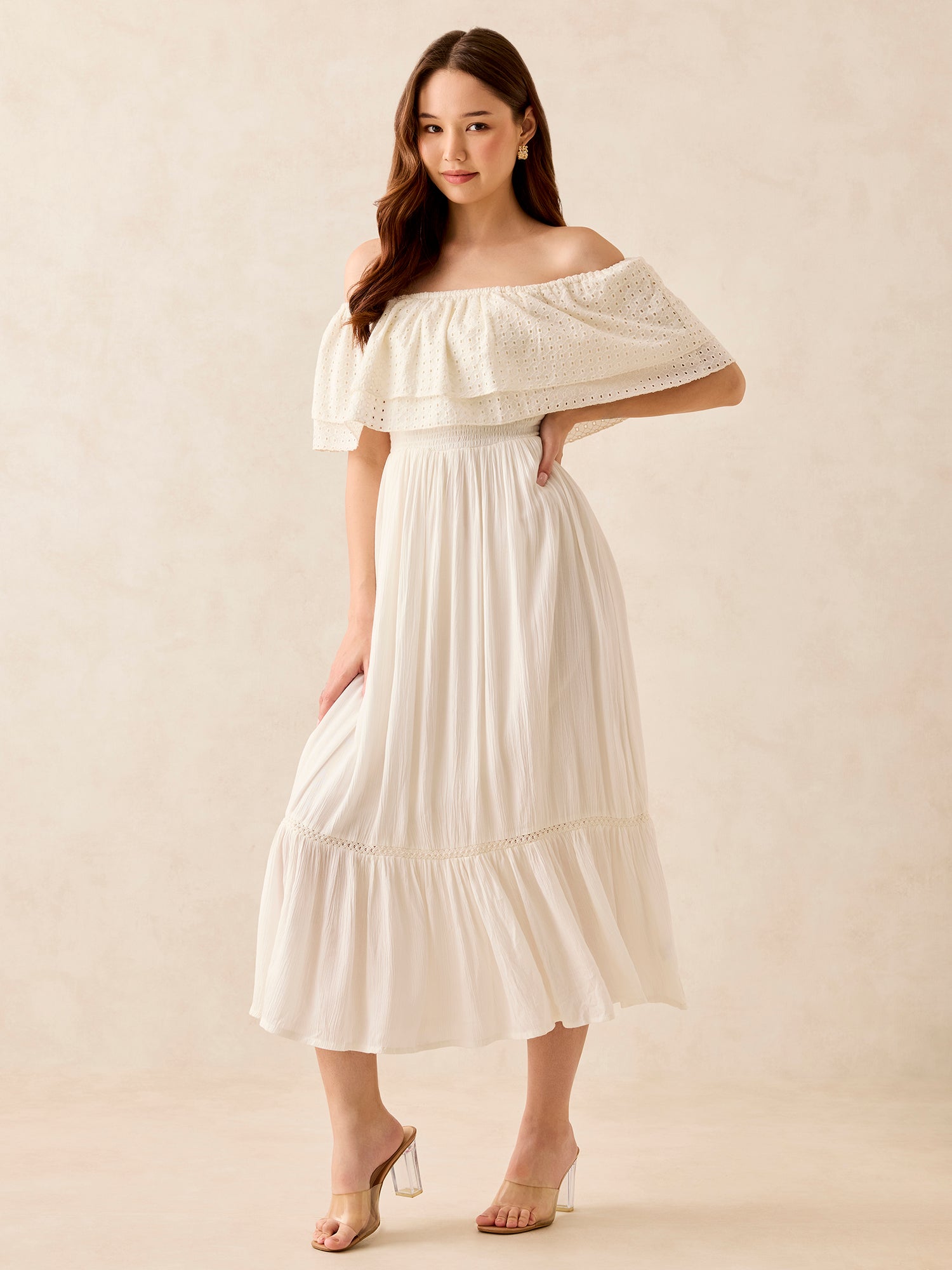 Women's White Off Shoulder Tiered Midi Dress