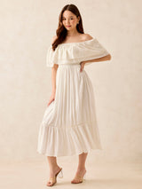 Women's White Off Shoulder Tiered Midi Dress