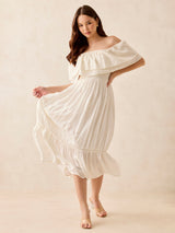 Women's White Off Shoulder Tiered Midi Dress