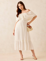 Women's White Off Shoulder Tiered Midi Dress