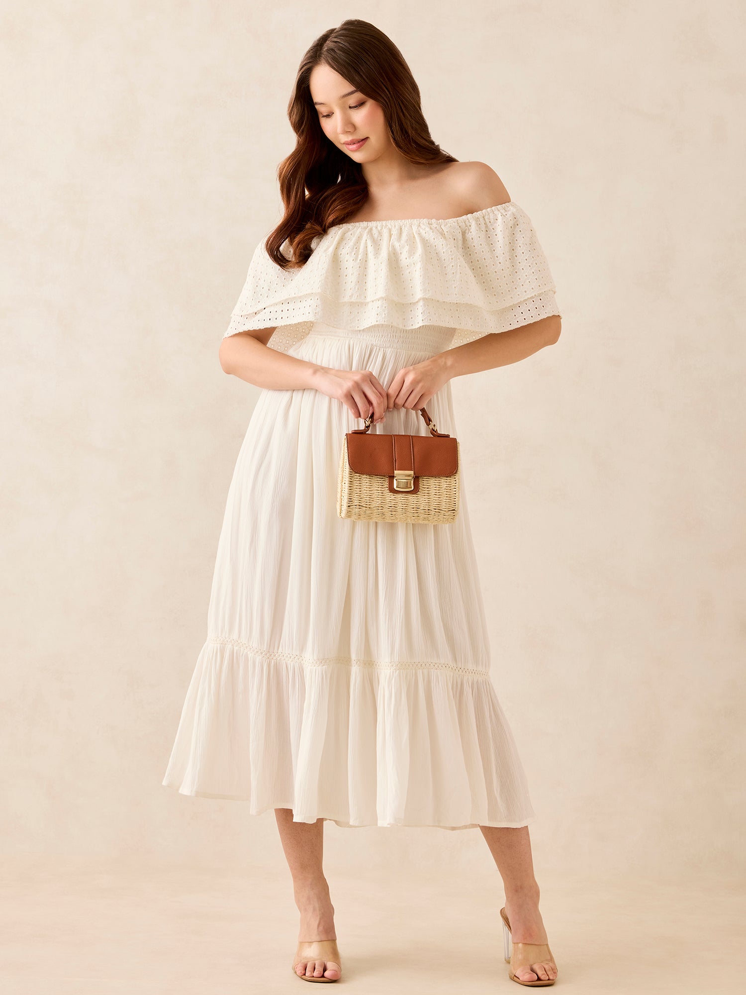 Women's White Off Shoulder Tiered Midi Dress