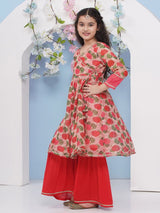 Girls Red Floral Printed Angrakha Kurta and Sharara With Dupatta