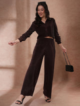 Women's Brown Self Design Accordion Pleats Crop Shirt and Trousers