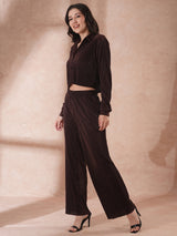 Women's Brown Self Design Accordion Pleats Crop Shirt and Trousers