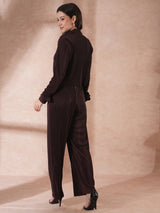 Women's Brown Self Design Accordion Pleats Crop Shirt and Trousers