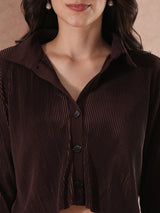 Women's Brown Self Design Accordion Pleats Crop Shirt and Trousers