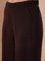 Women's Brown Self Design Accordion Pleats Crop Shirt and Trousers