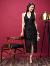 Women's Sequinned Stripe Wrap Midi Party Dress