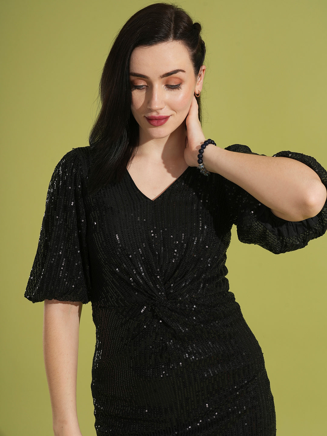 Women's Black Party Solid V-Neck Bodycon Dress