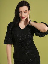 Women's Black Party Solid V-Neck Bodycon Dress