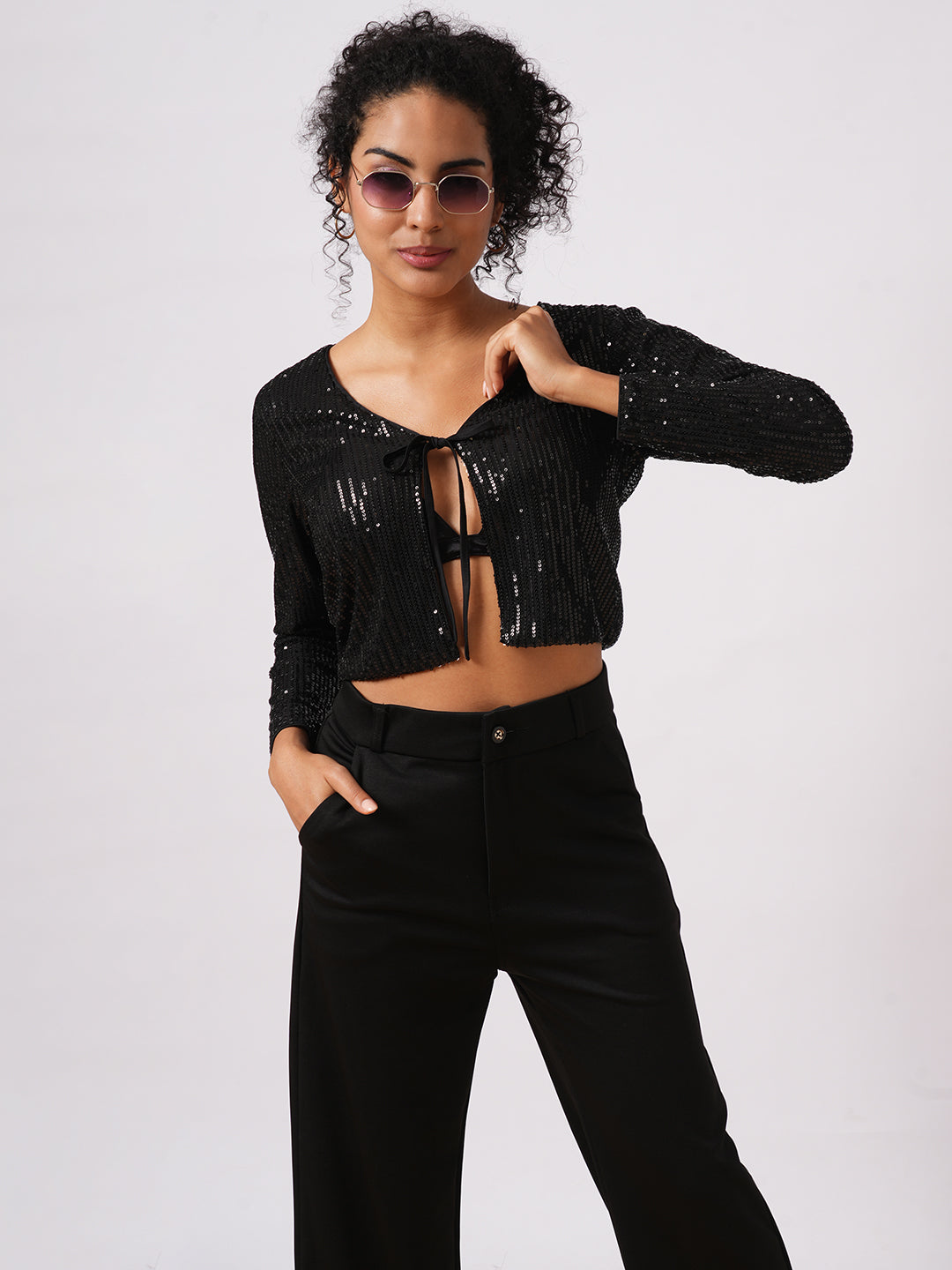 Women's Black Party Embellished Tie-Up Crop Shrug
