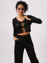 Women's Black Party Embellished Tie-Up Crop Shrug