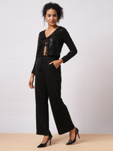 Women's Black Party Embellished Tie-Up Crop Shrug