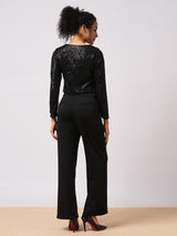 Women's Black Party Embellished Tie-Up Crop Shrug